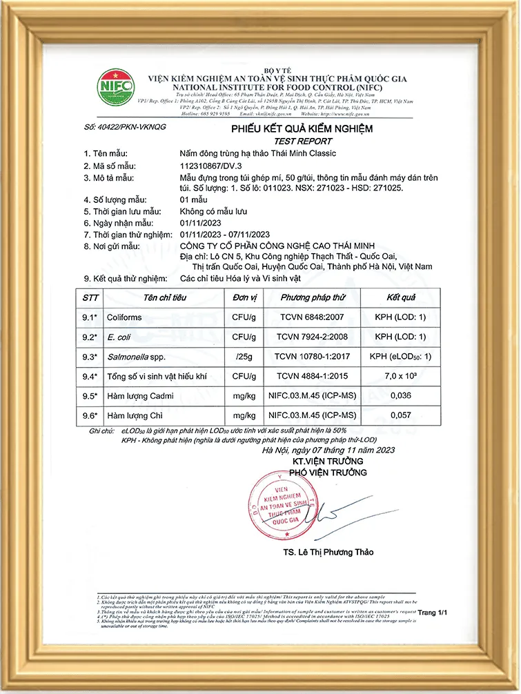 Phiếu kết quả kiểm nghiệm vi sinh vật và kim loại nặng - NIFC