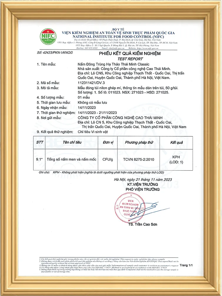 Phiếu kết quả kiểm nghiệm nấm men, nấm mốc - NIFC